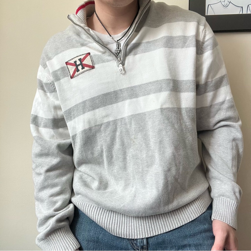 Tommy Hilfiger Light Gray and White Striped Quarter-Zip Sweater